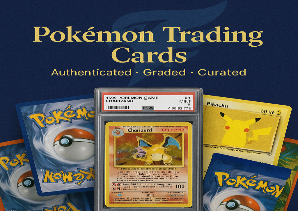 Pokémon trading cards with a focus on authentication, grading, and curation on a blue background.
